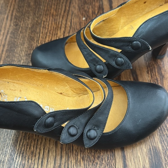 Jeffrey Campbell Ibiza black leather button strap wood grain heel Mary Jane shoe - Picture 3 of 6